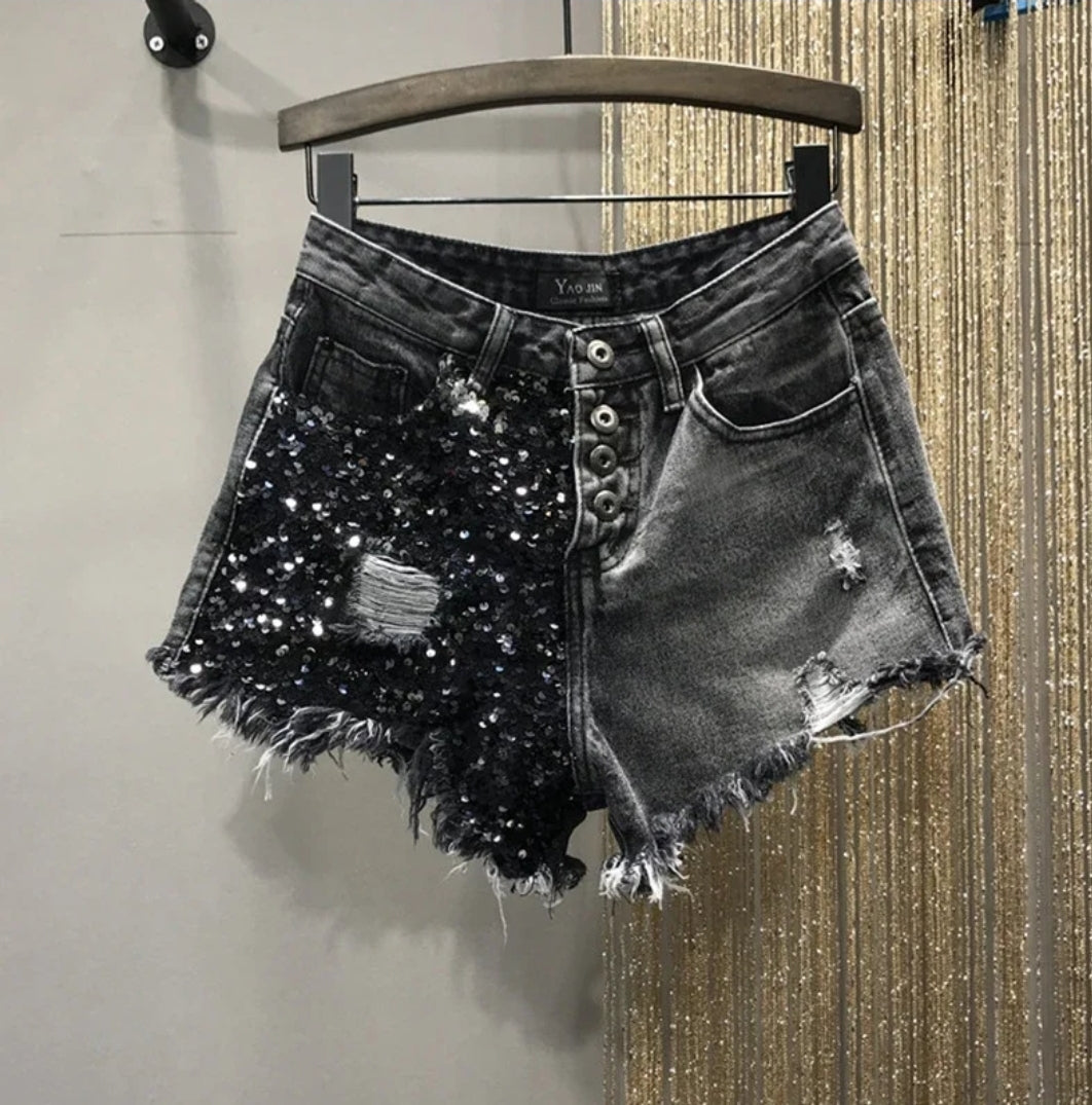 Sequin denim shorts