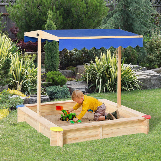 Kids Wooden Cabana Sandbox with Bench and Canopy