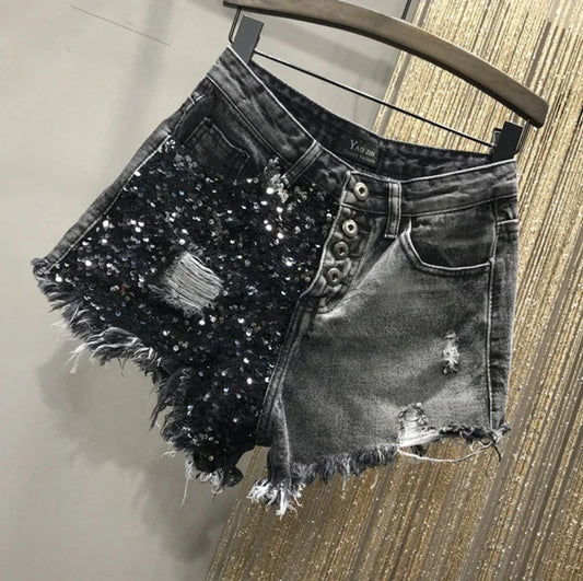 Sequin denim shorts