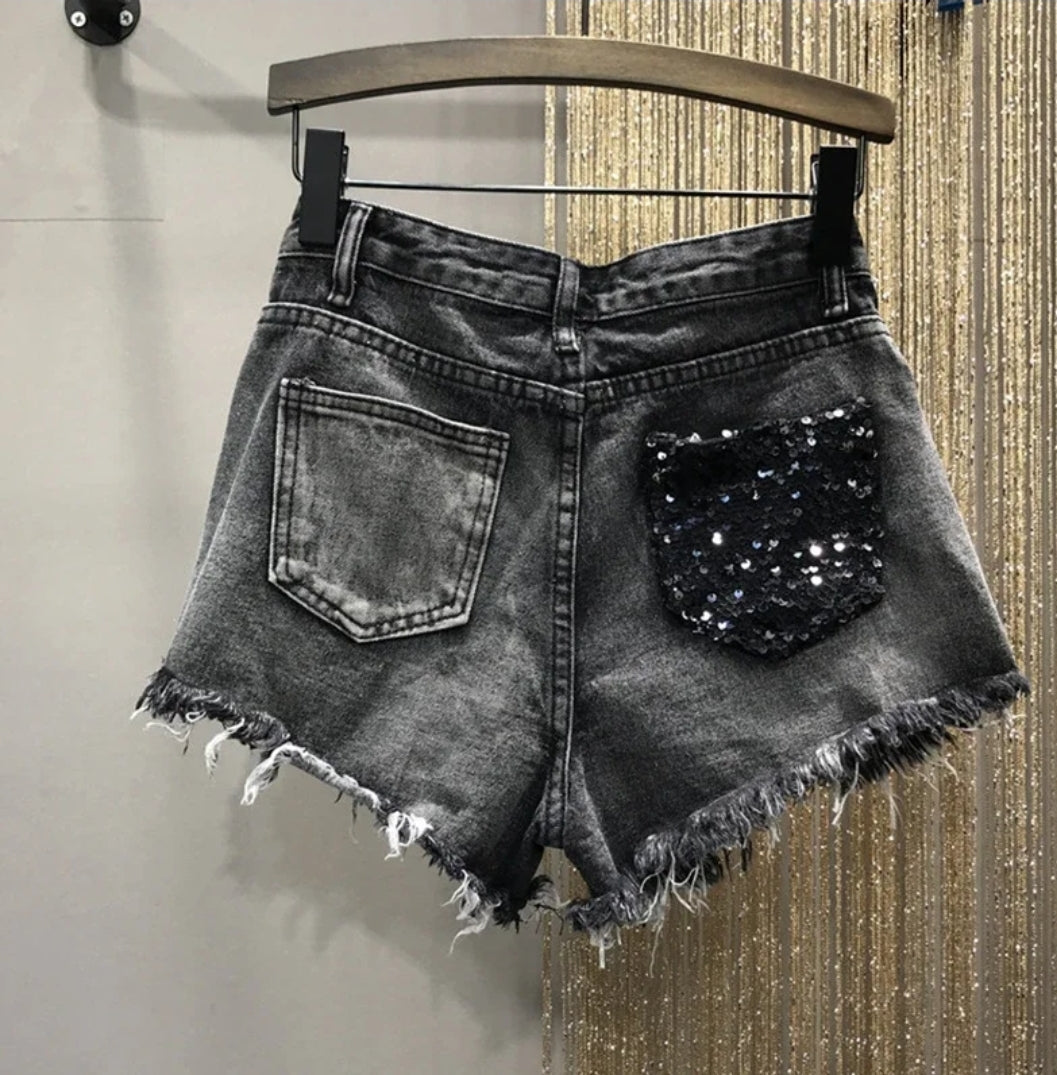 Sequin denim shorts