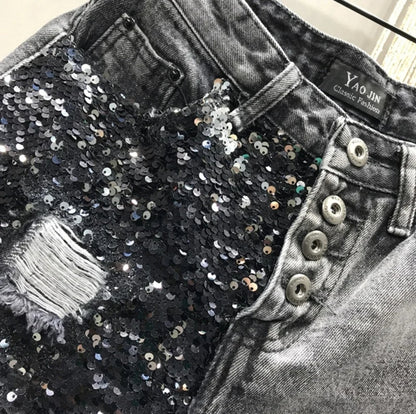 Sequin denim shorts