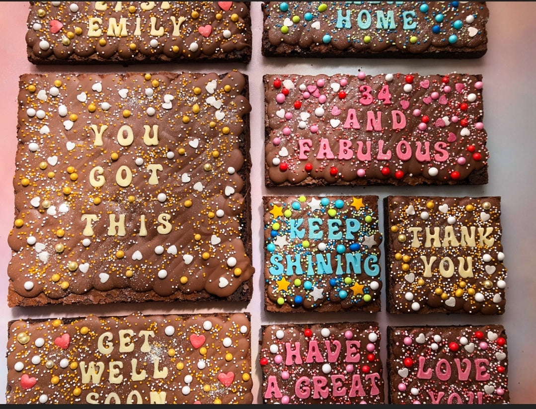 Fudge brownies, brownie slab, brownie box, brownie by post, brownie gift, baked goods box