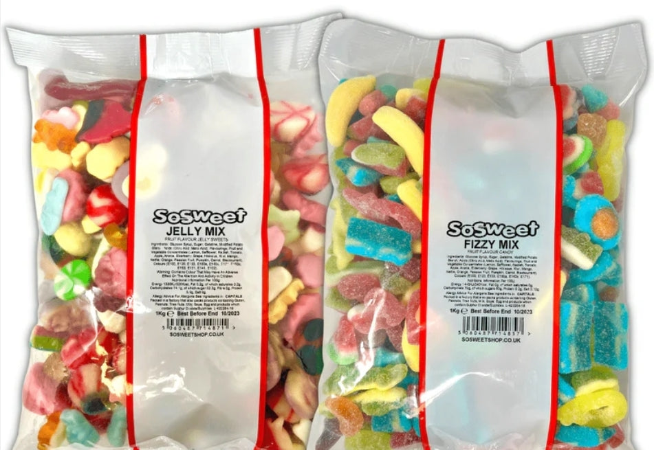 1kg Sweets: (1kg x 2) Pick'n'Mix Sweet Bags (Fizzy/Jelly)