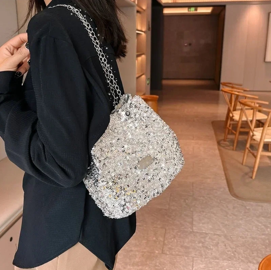 Sequined bucket bag