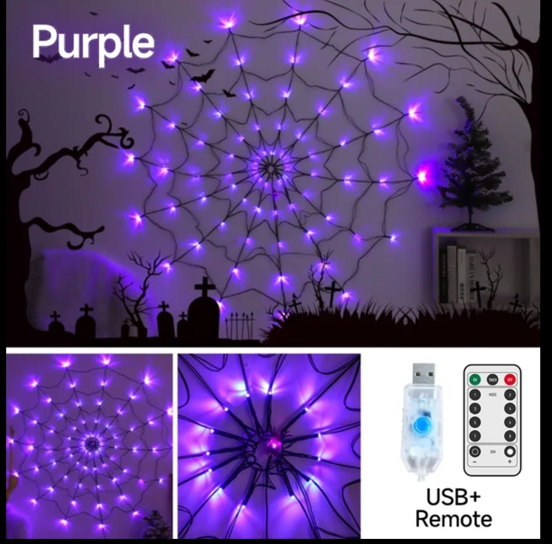 LED halloween spider web lights, 8 modes, remote control included