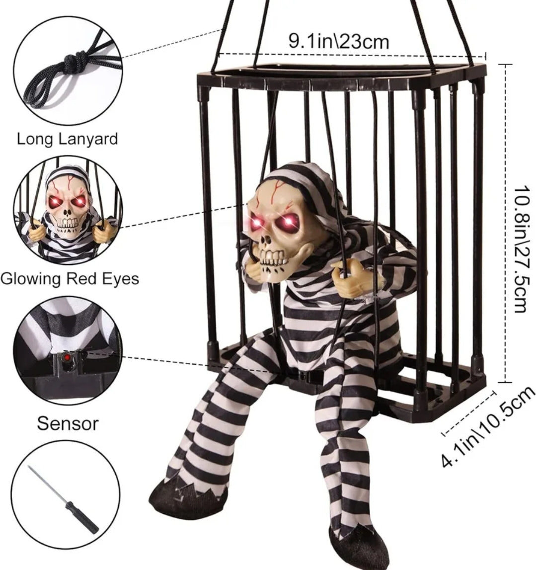 Scary screaming Halloween decor in cage