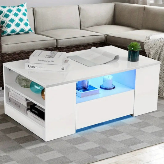 LED Coffee Table Wooden 2 Drawer Storage High Gloss Modern Living Room Furniture