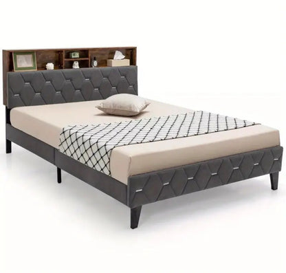 Double bed frame with storage headboard