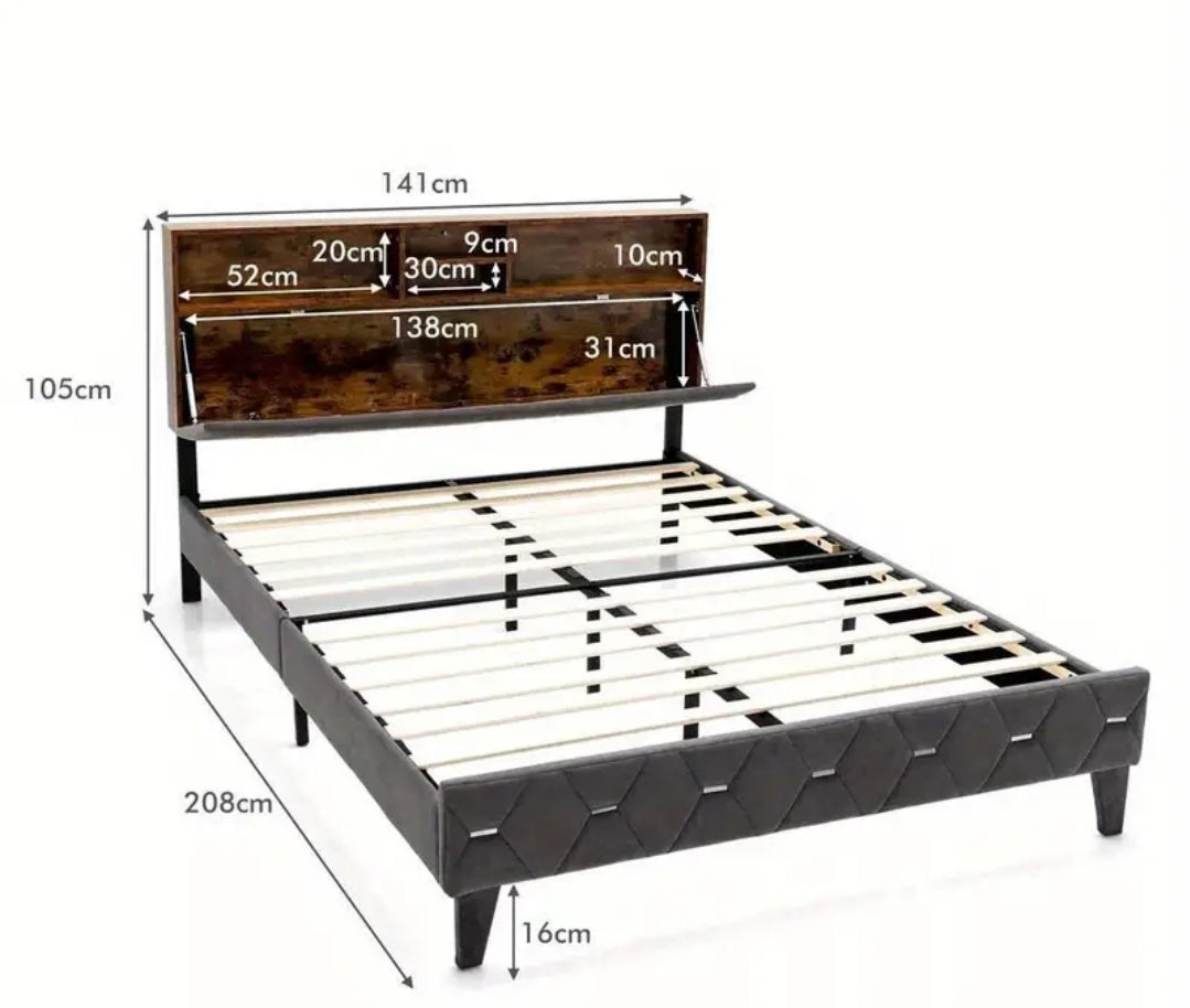 Double bed frame with storage headboard