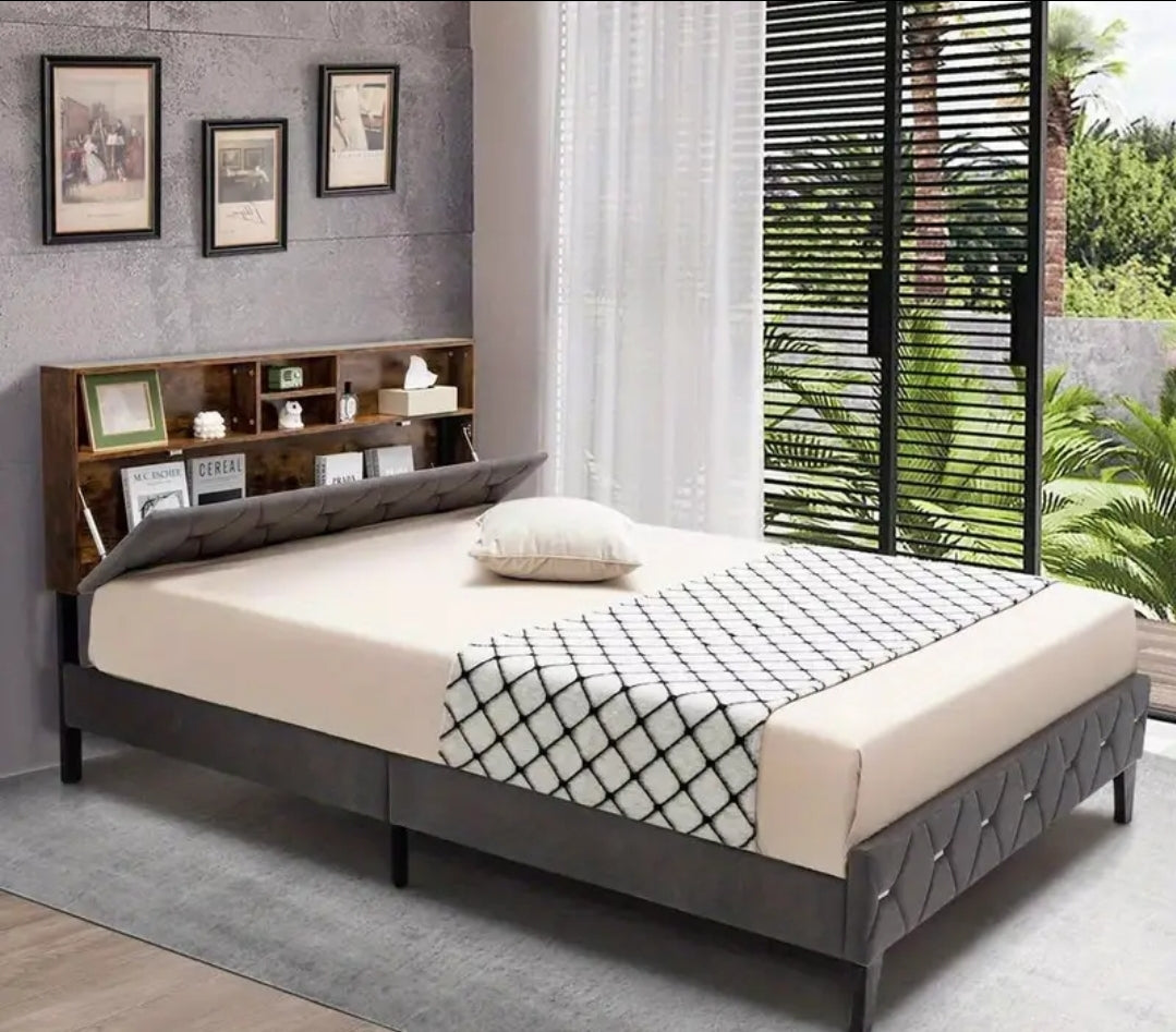 Double bed frame with storage headboard