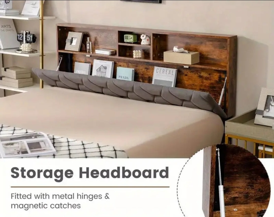 Double bed frame with storage headboard