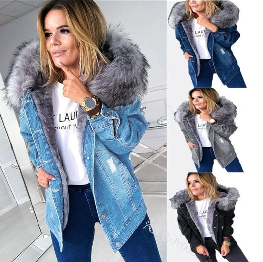 Womens denim fur fleeced winter coat