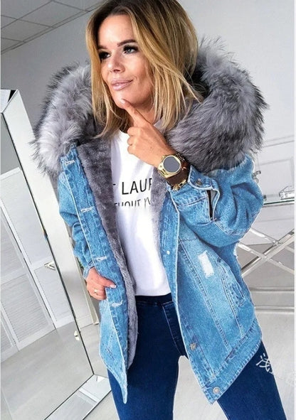 Womens denim fur fleeced winter coat