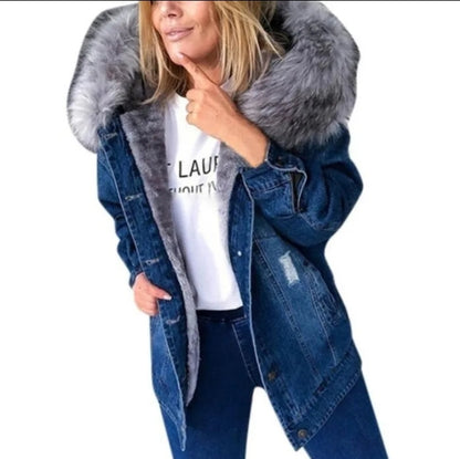 Womens denim fur fleeced winter coat