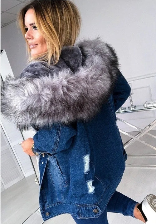 Womens denim fur fleeced winter coat