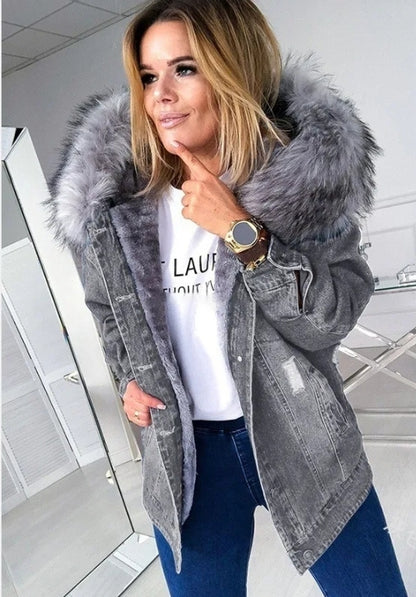 Womens denim fur fleeced winter coat