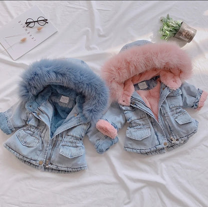 Girls winter denim jacket with fur hood