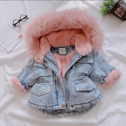 Girls winter denim jacket with fur hood