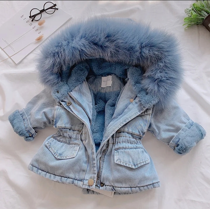 Girls winter denim jacket with fur hood