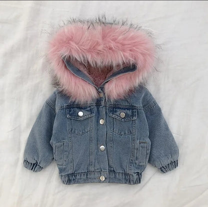 Girls winter denim jacket with fur hood