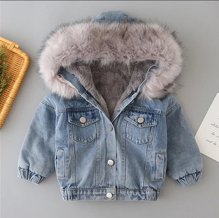 Girls winter denim jacket with fur hood